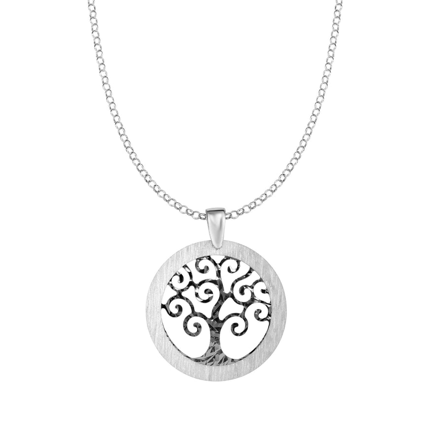Silver Matte Border Tree of Life Necklace-White | Lobster