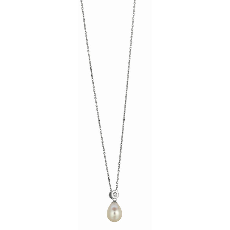 Silver Freshwater Pearl and Bezel Set CZ Necklace-White | Lobster