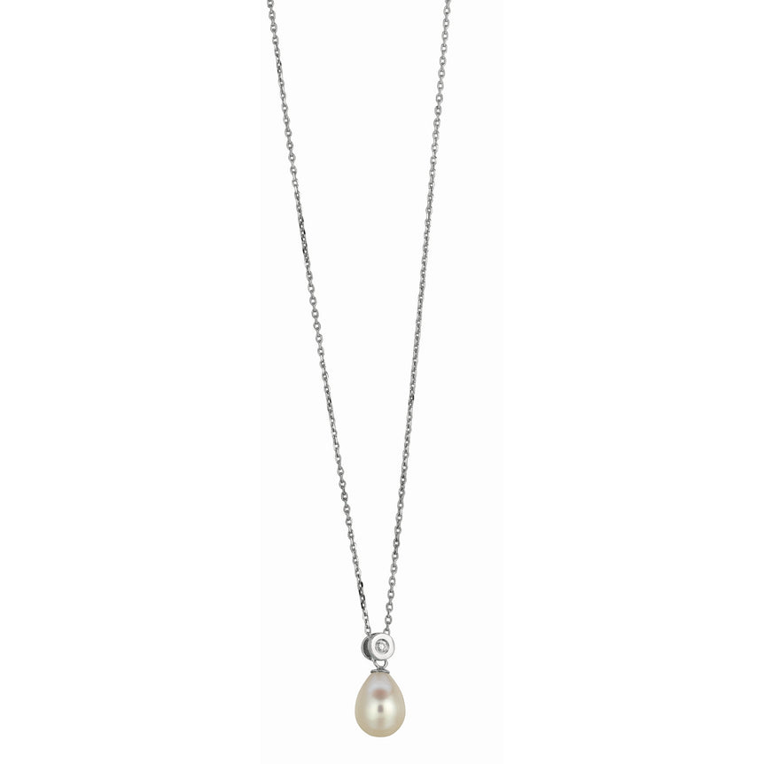 Silver Freshwater Pearl and Bezel Set CZ Necklace-White | Lobster