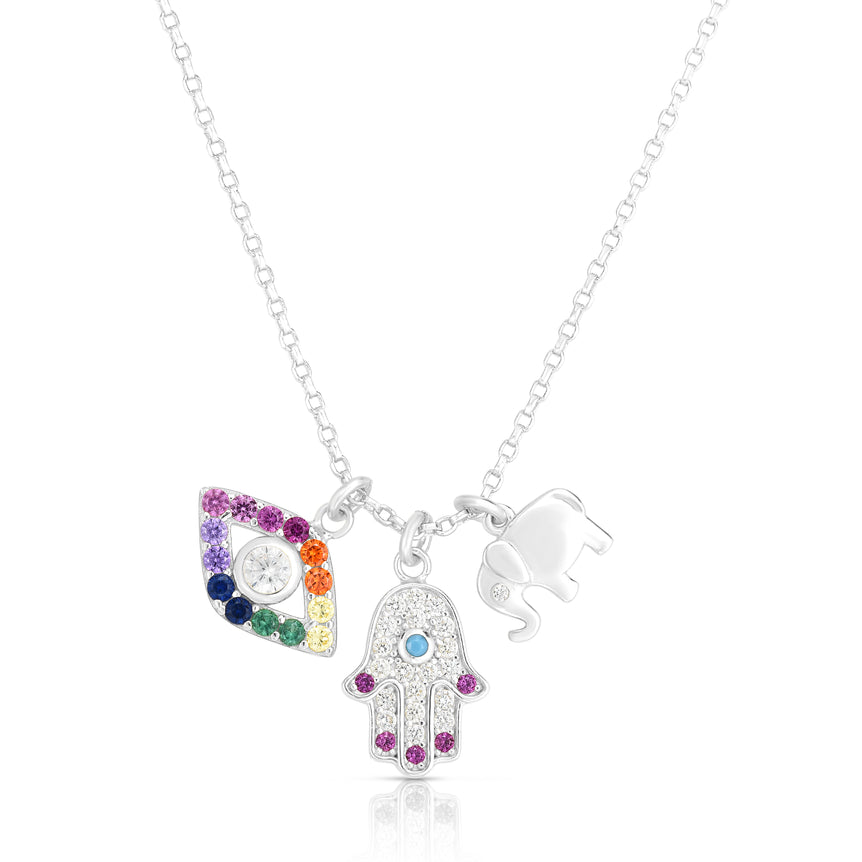 Silver Rainbow CZ Charm Dangle Necklace -White | Lobster