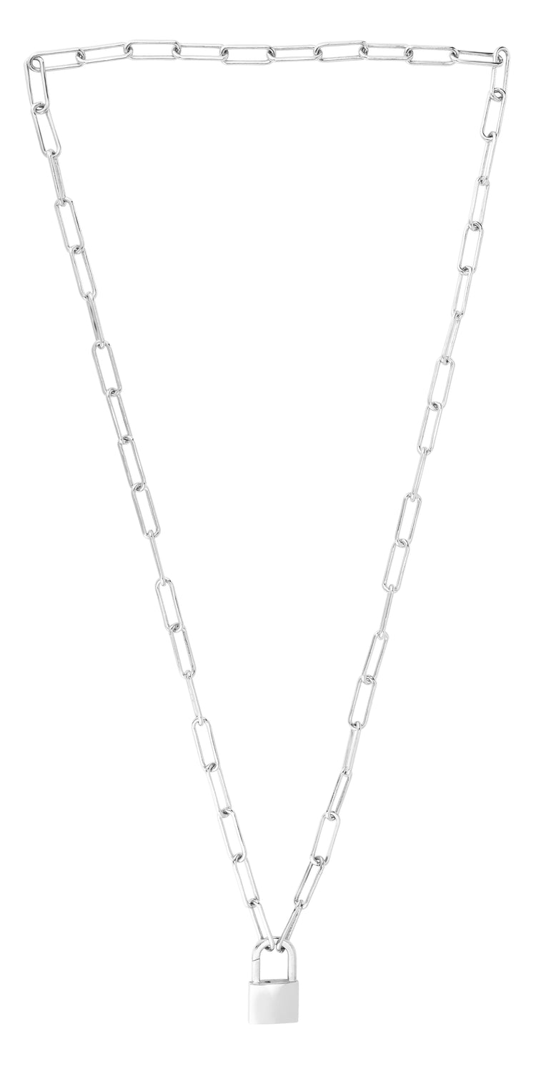 Silver Lock Link Necklace-White | Padlock