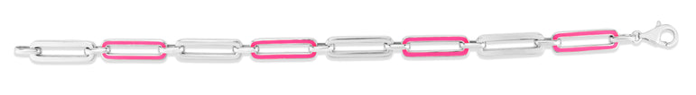 Silver Pink Enamel Paperclip Bracelet-White | Lobster