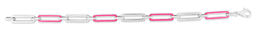 Silver Pink Enamel Paperclip Bracelet-White | Lobster
