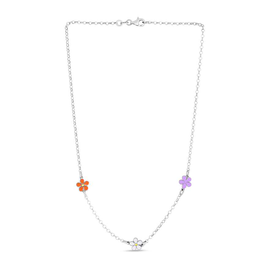 Silver Enamel Flowers Necklace-White | Pear Shaped Lobster
