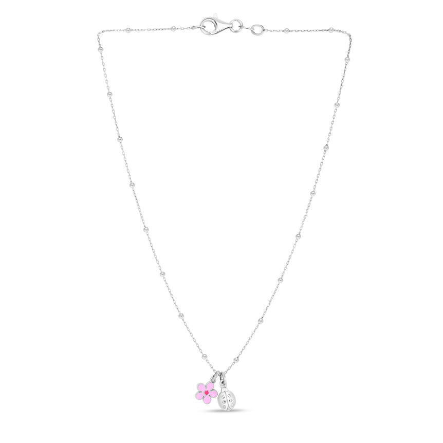 Silver Enamel Flower Ladybug Necklace-White | Pear Shaped Lobster