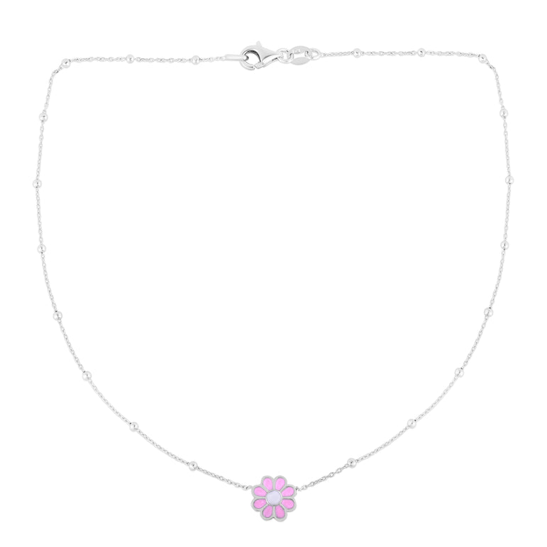 Silver Enamel Pink Flower Necklace-White | Pear Shaped Lobster