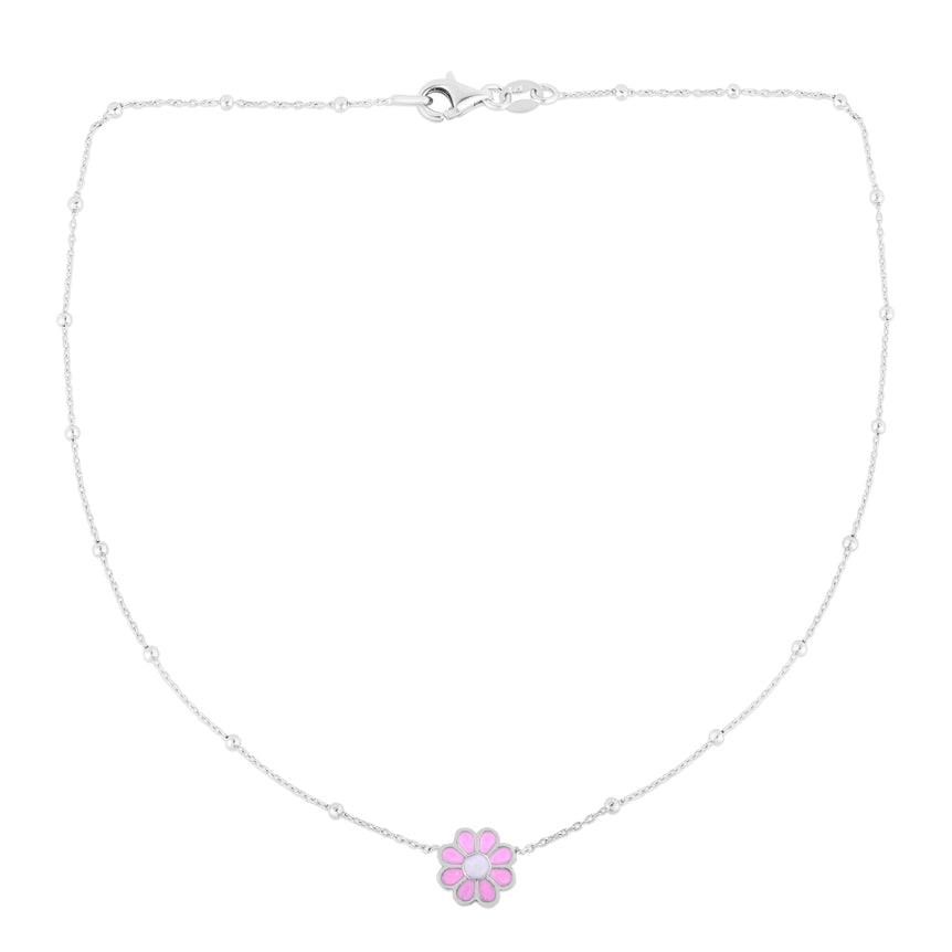 Silver Enamel Pink Flower Necklace-White | Pear Shaped Lobster