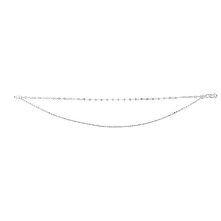 Silver Double Row Mirror Chain and Sparkle Chain Anklet-White | Lobster