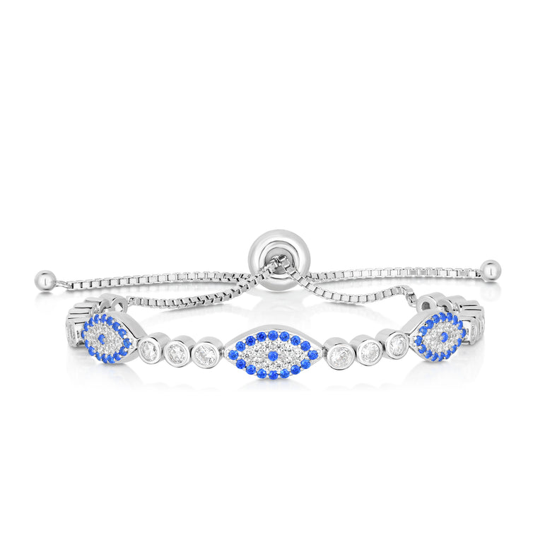 Sterling Silver CZ Evil Eye Station Friendship Bracelet-White | Draw String