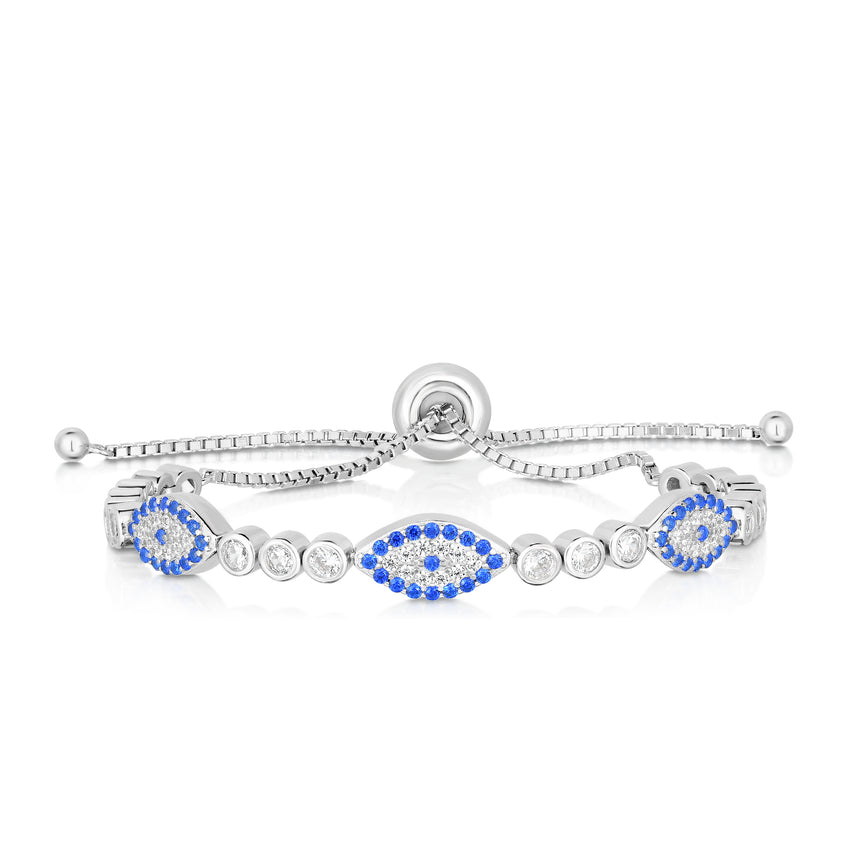 Sterling Silver CZ Evil Eye Station Friendship Bracelet-White | Draw String