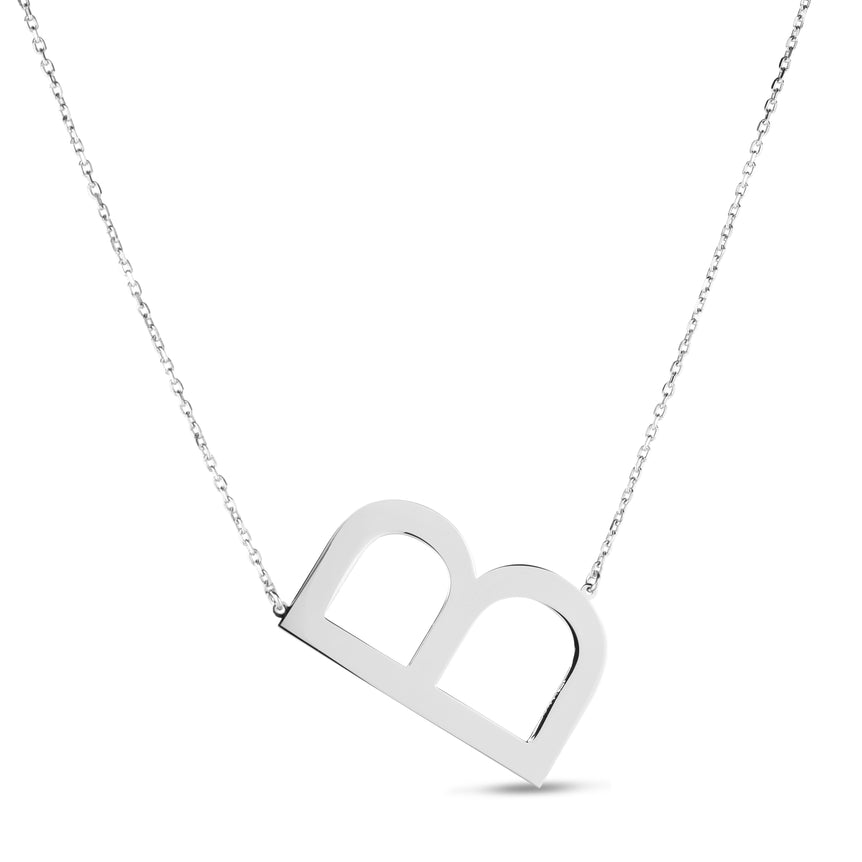 Silver B Letter Necklace-White | Lobster