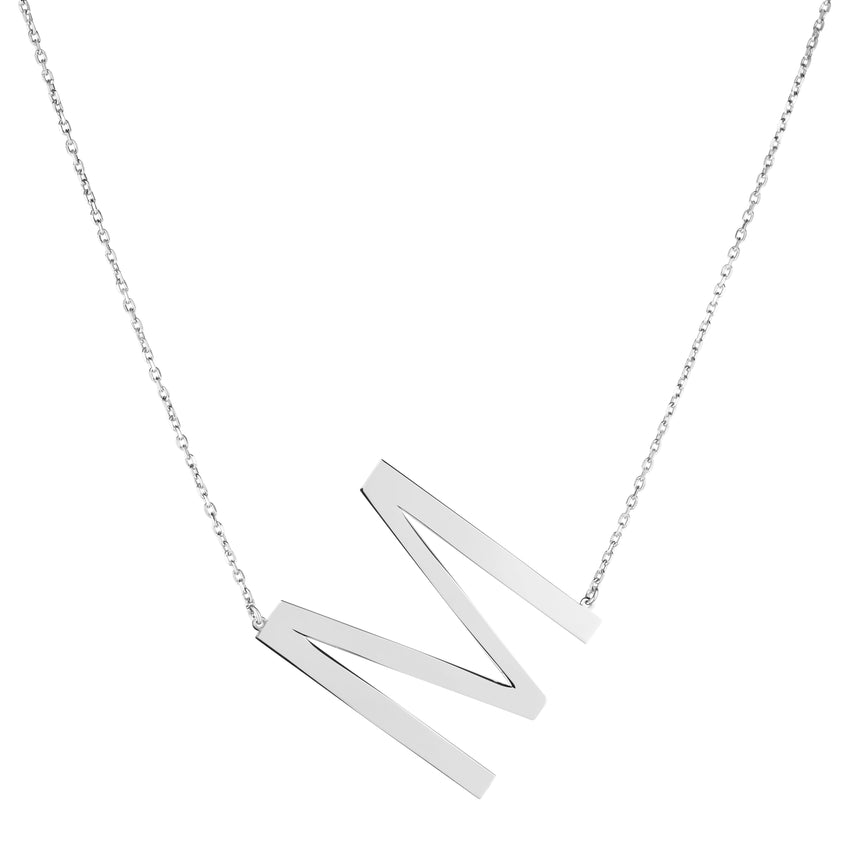 Silver M Letter Necklace-White | Lobster