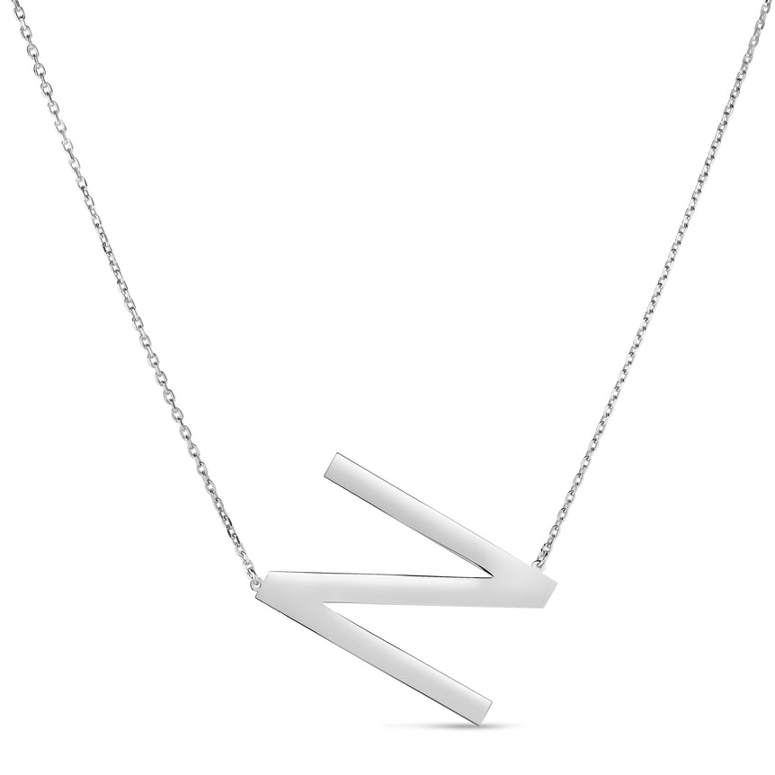 Silver N Letter Necklace-White | Lobster