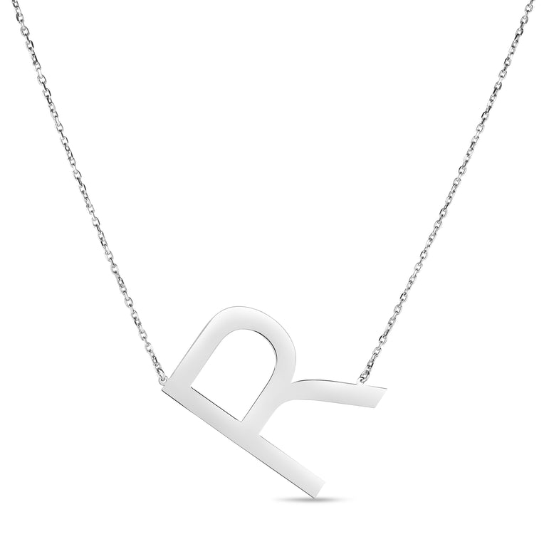 Silver R Letter Necklace-White | Lobster
