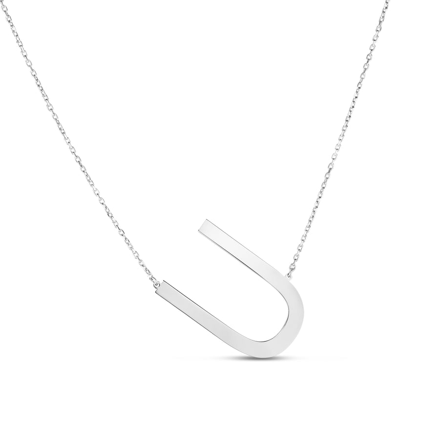 Silver U Letter Necklace-White | Lobster