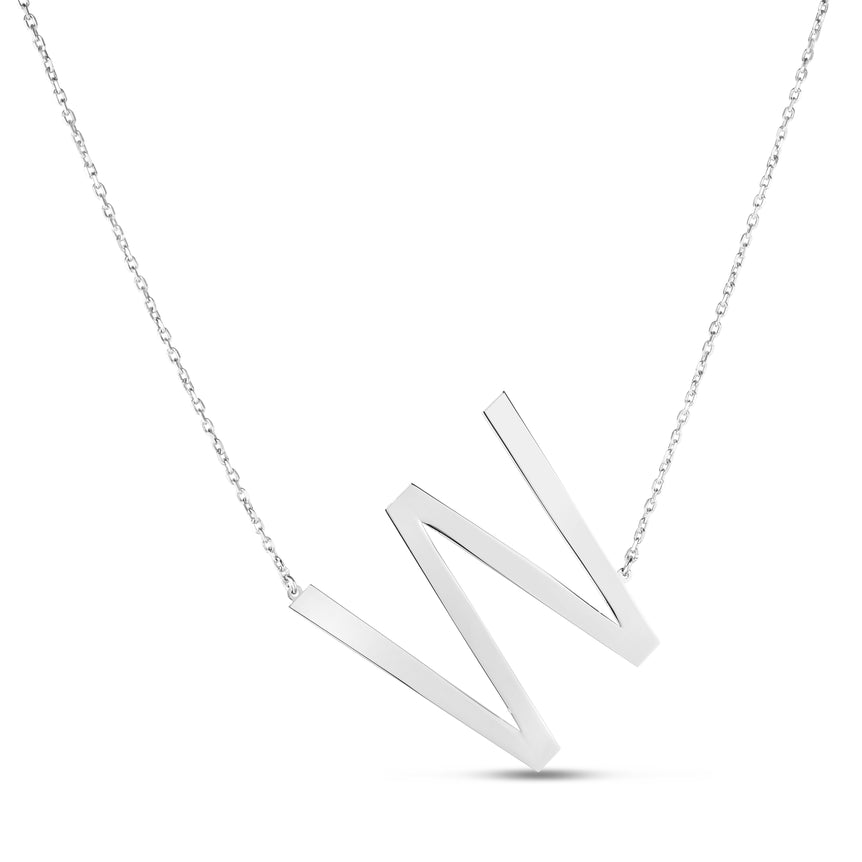 Silver W Letter Necklace-White | Lobster