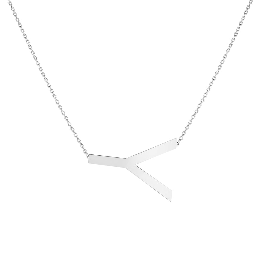 Silver Y Letter Necklace-White | Lobster