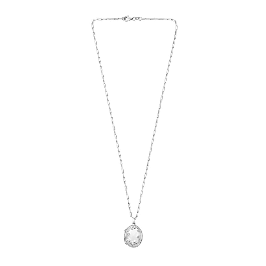Silver Oval Vine Locket Necklace-White | Lobster
