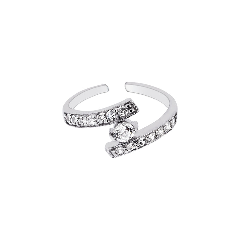 Silver CZ Bypass Toe Ring with Round Solitaire CZ-White