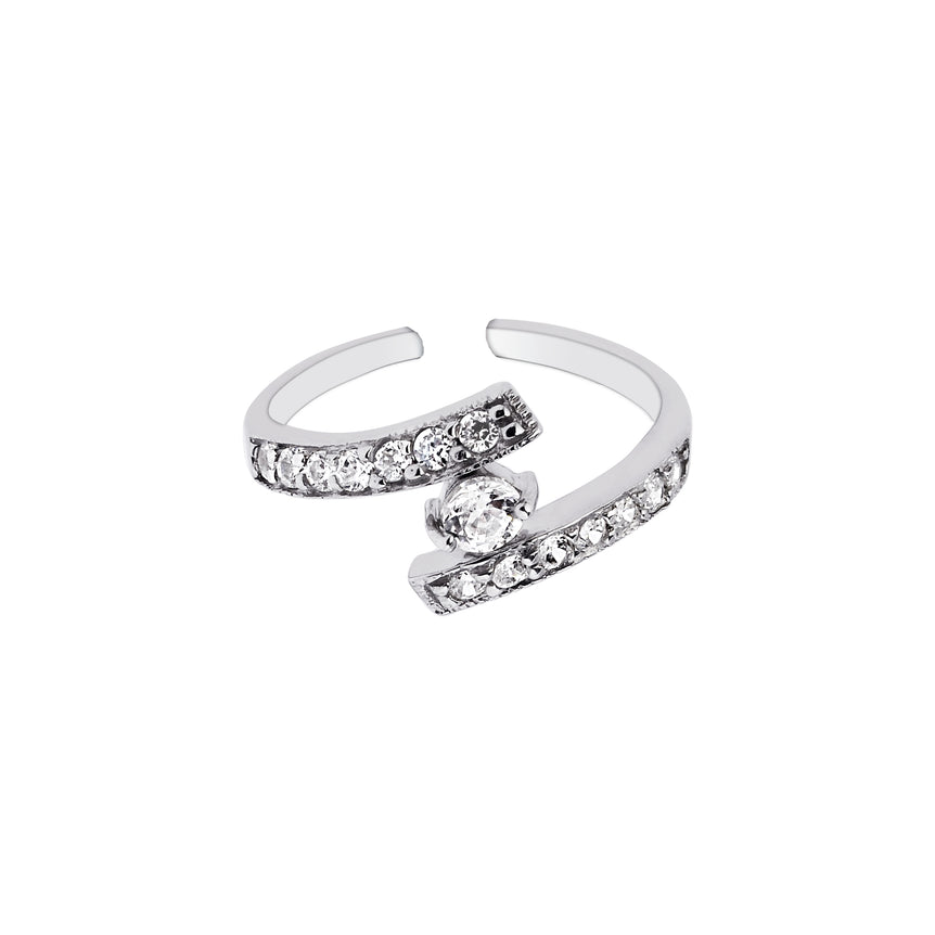 Silver CZ Bypass Toe Ring with Round Solitaire CZ-White