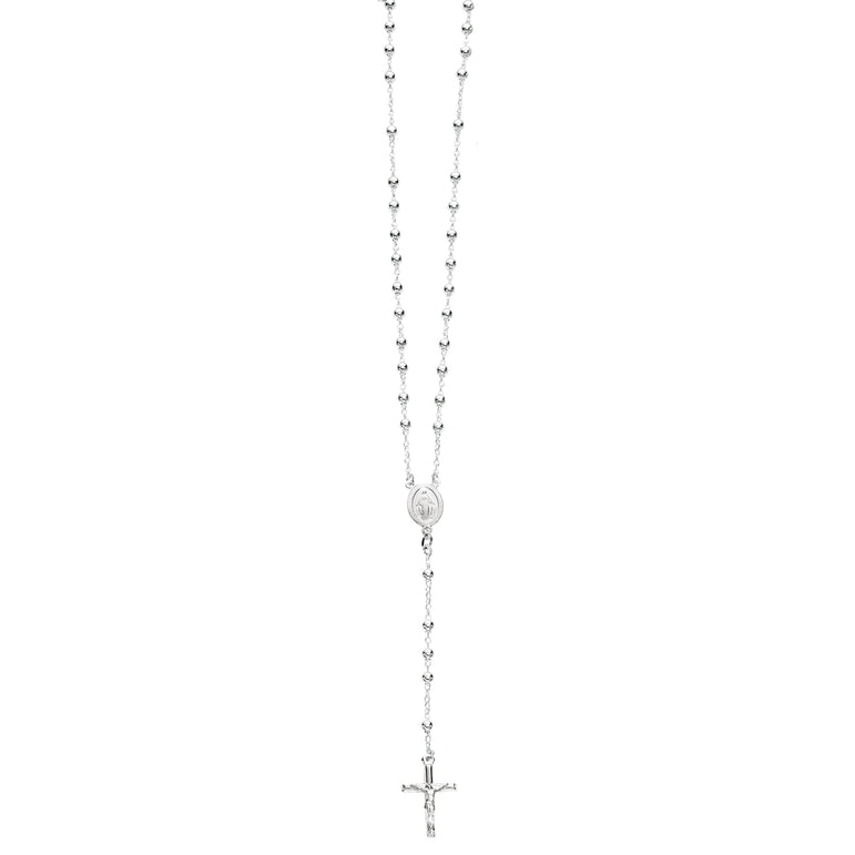 Silver Polished Bead Rosary Necklace-White | Lobster