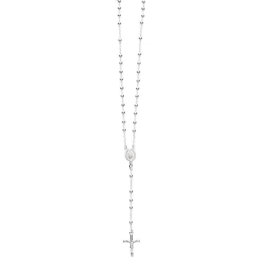 Silver Polished Bead Rosary Necklace-White | Lobster