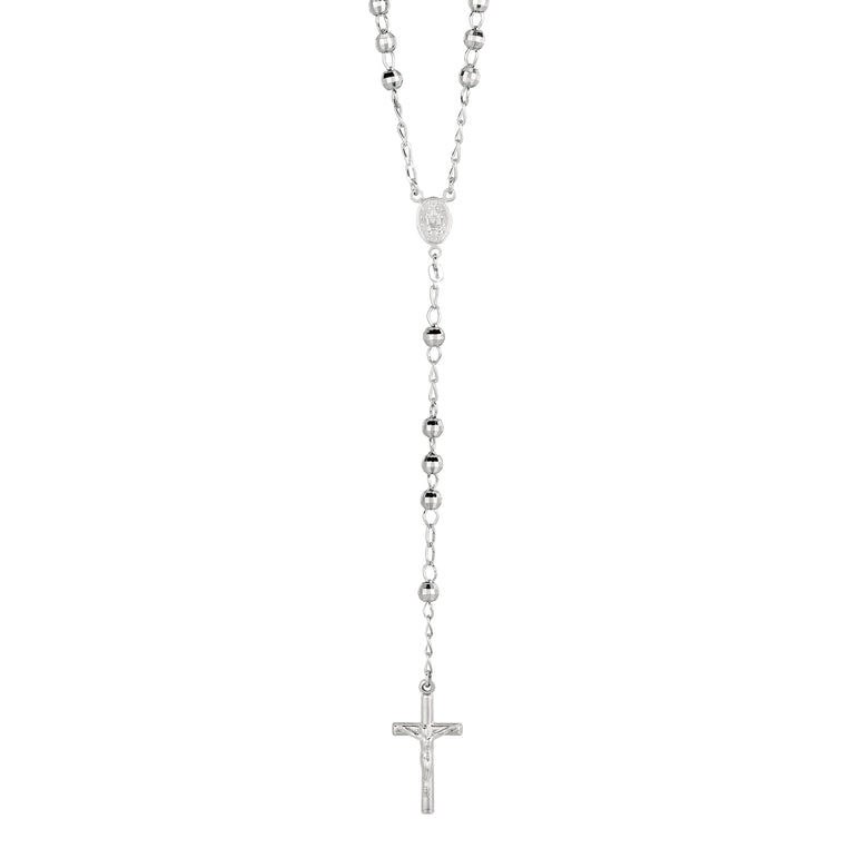 Silver Diamond Cut Large Bead Rosary Necklace-White | Lobster