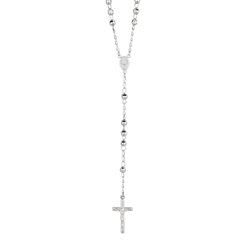 Silver Diamond Cut Large Bead Rosary Necklace-White | Lobster