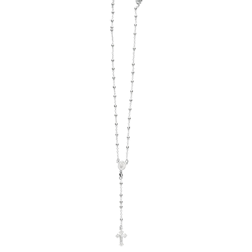 Silver Diamond Cut Mini Bead Rosary Necklace-White | Lobster