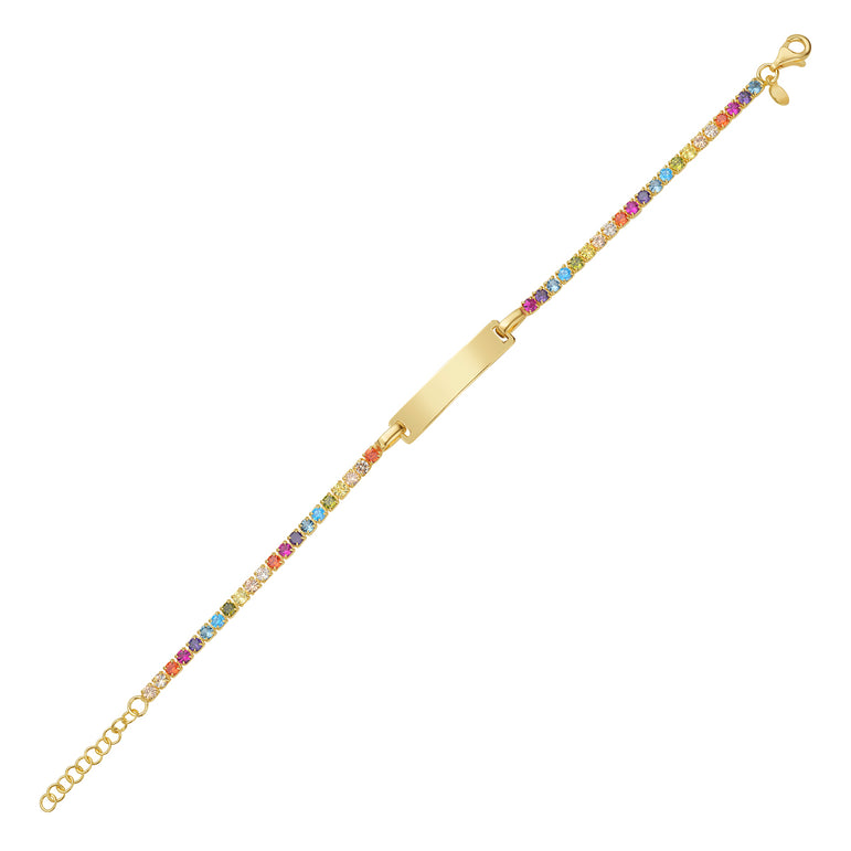 Gold Over Silver Rainbow CZ ID Bracelet-Yellow | Lobster