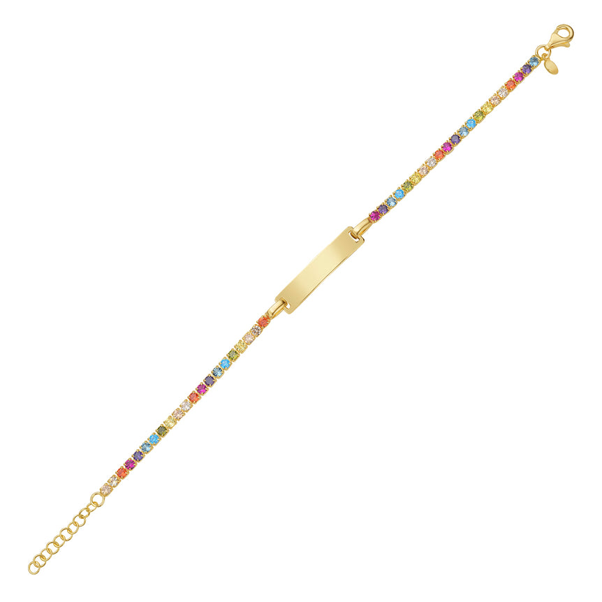 Gold Over Silver Rainbow CZ ID Bracelet-Yellow | Lobster