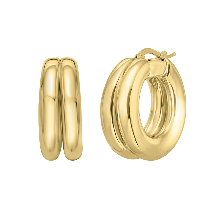 Gold Over Silver Puffed Double Row Hoops-Yellow | Hinged