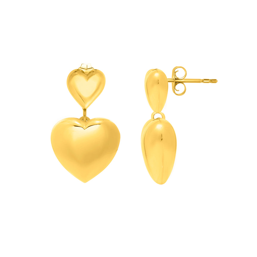Silver Plated Puffed Double Heart Drop Earrings-Yellow (Gold Plated) | Push Back