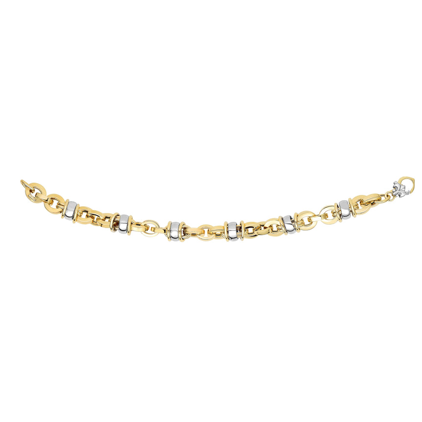 14K Gold Rondel Station Heritage Link Bracelet -Two-tone | Fleur De Lis