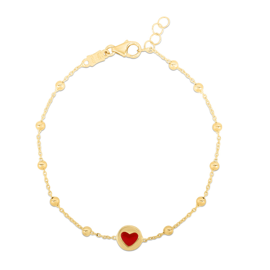 14K Gold Red Heart and Bead Bracelet-Yellow | Lobster