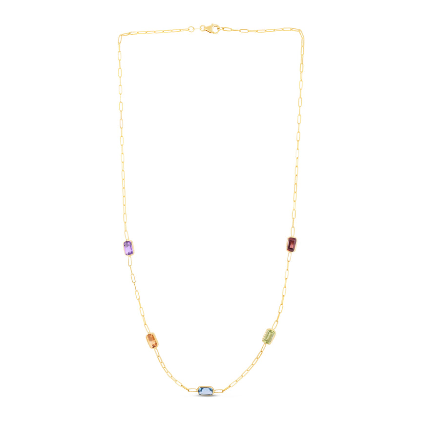 14K Multi-Gemstone Paperclip Necklace-Yellow | Lobster
