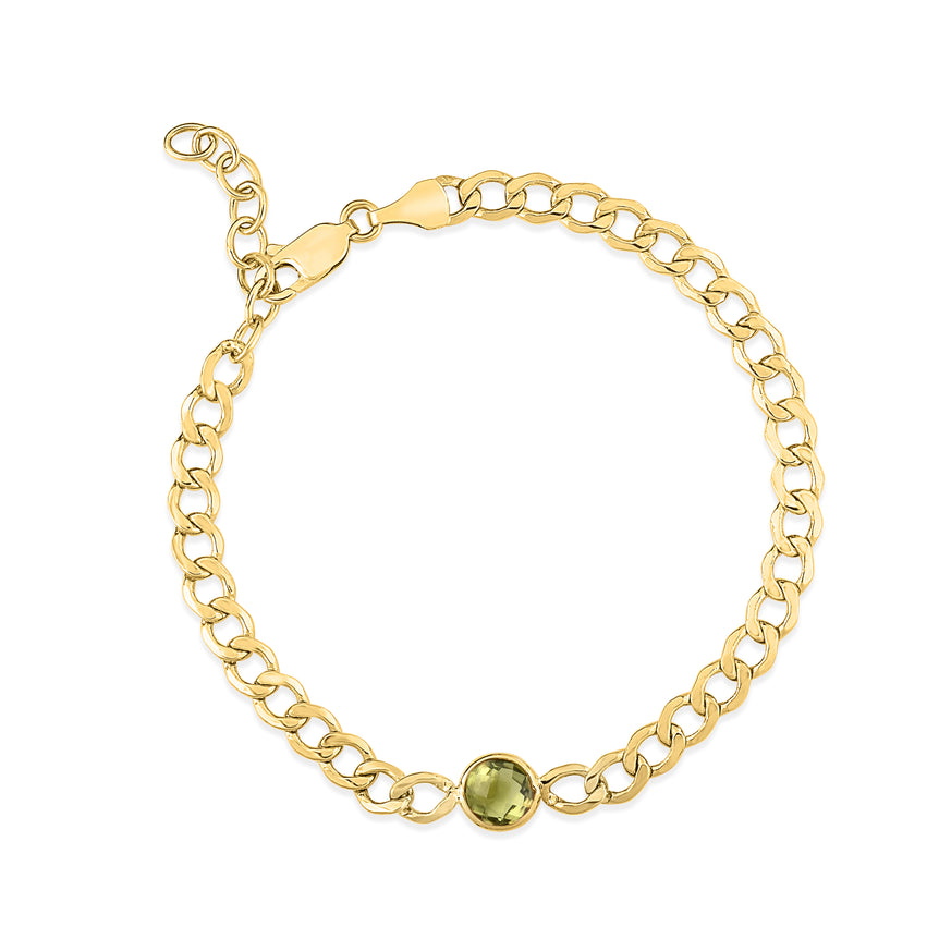 14K Peridot Curb Chain Bracelet-Yellow | Lobster