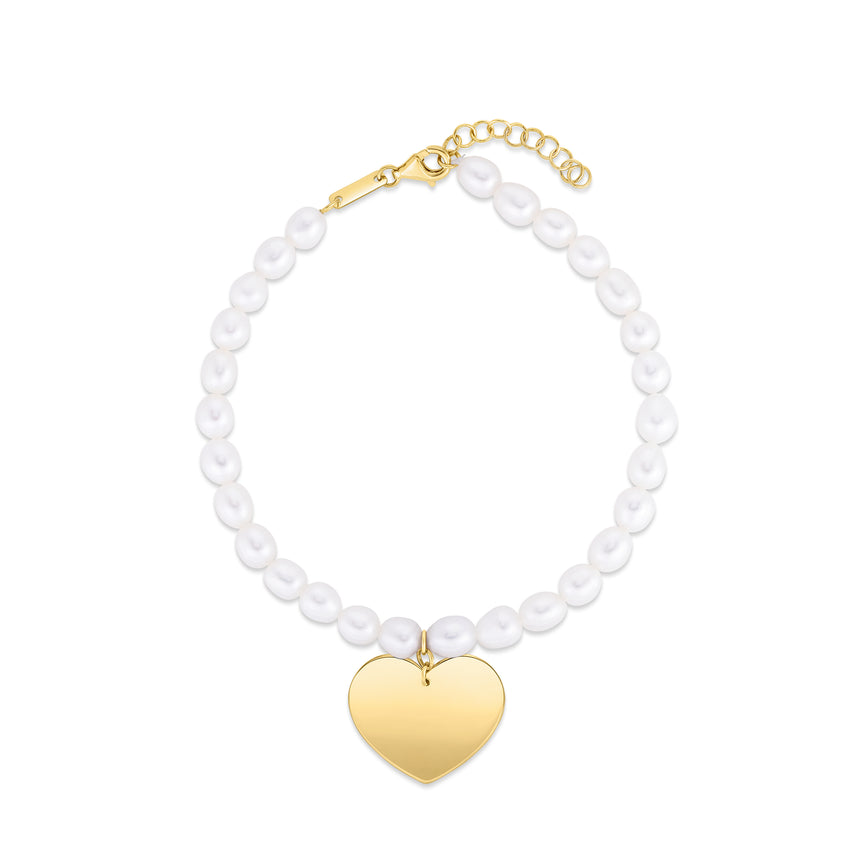 14K Pearl Heart Charm Bracelet-Yellow | Pear Shaped Lobster