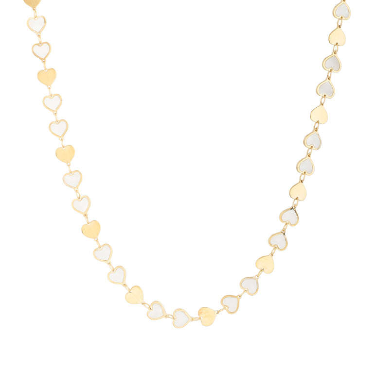 14K MOP Heart Mirror Gem Chain Necklace-Yellow | Lobster