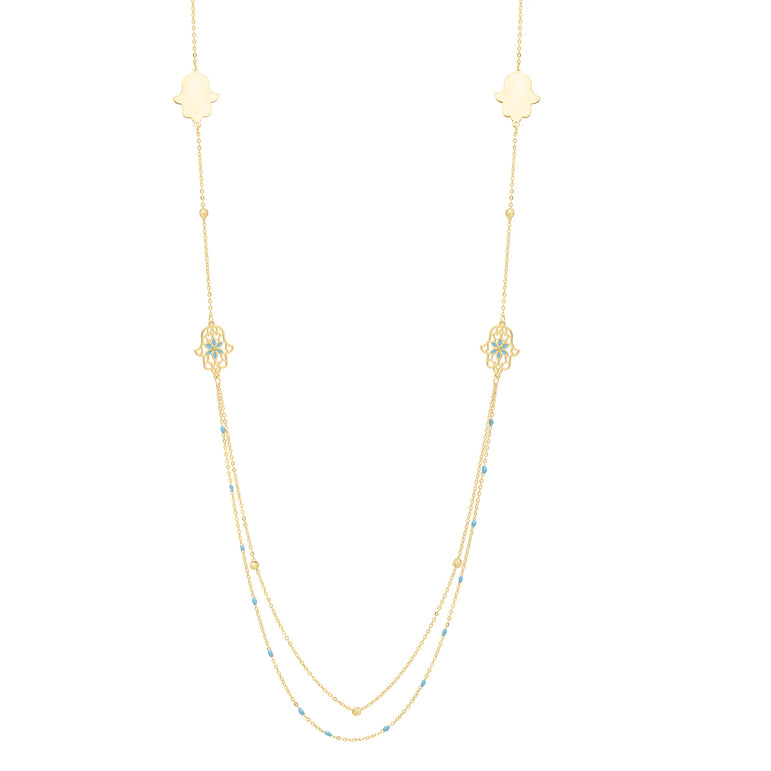 14K 30" Long Hamsa Stationed Necklace-Yellow | Pear Shaped Lobster