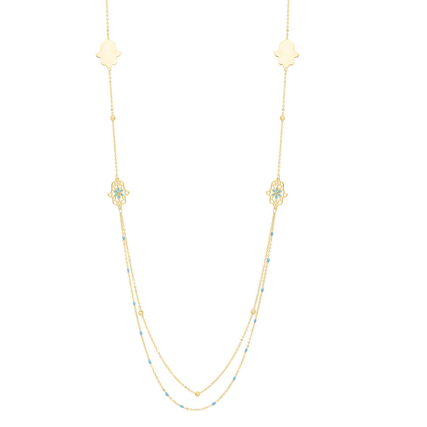 14K 30" Long Hamsa Stationed Necklace-Yellow | Pear Shaped Lobster