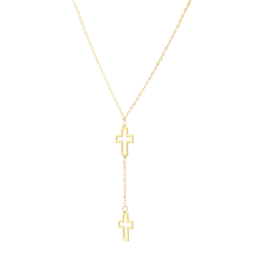 14K Double Cross Drop Necklace-Yellow | Pear Shaped Lobster