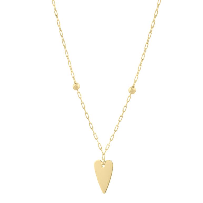 14K Elongated Heart & Bead Station Necklace -Yellow | Pear Shaped Lobster