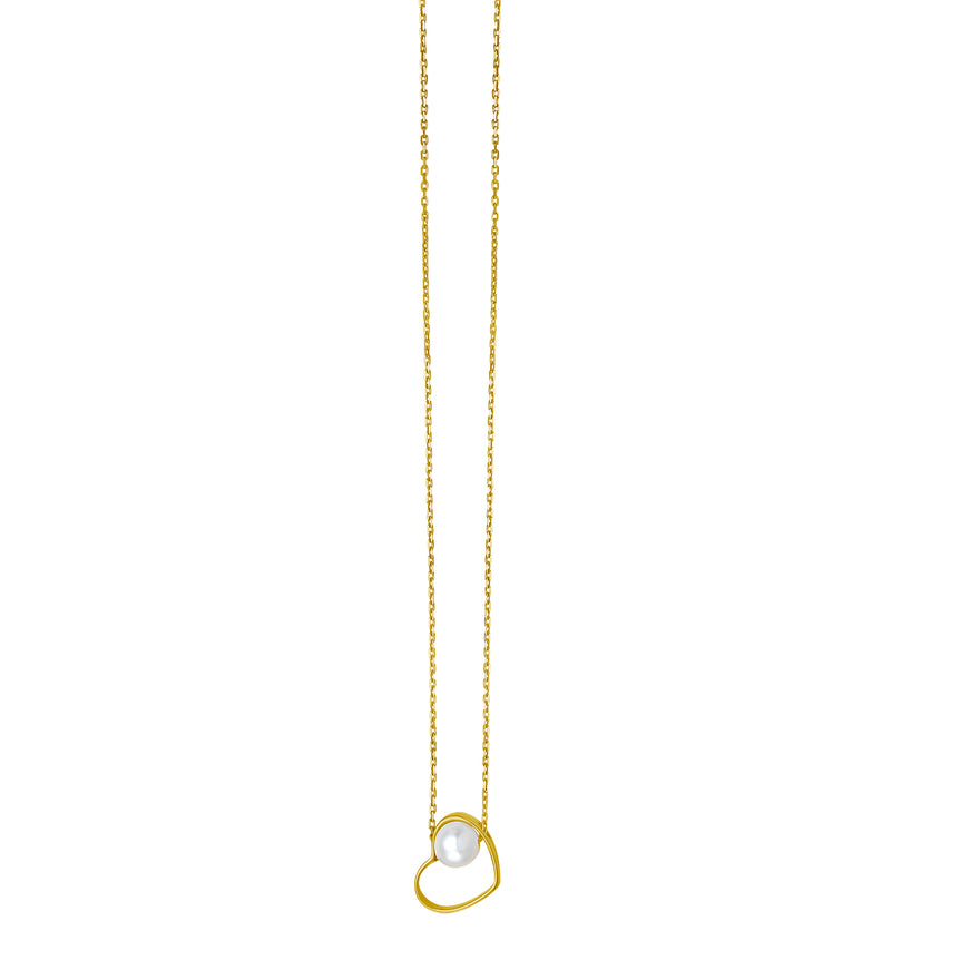 14K Open Heart and Pearl Necklace-Yellow | Spring Ring