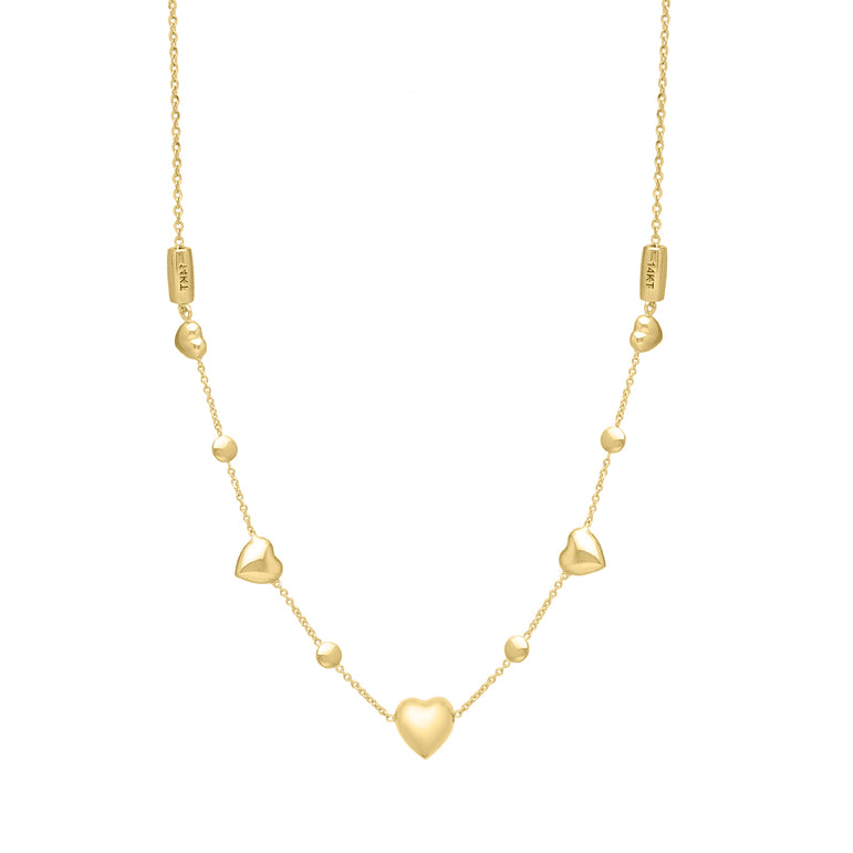 14K Adjustable Puff Heart Bead Necklace-Yellow | Lobster