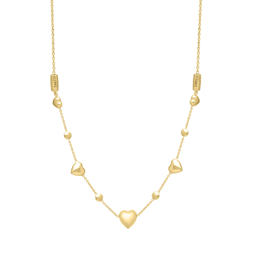 14K Adjustable Puff Heart Bead Necklace-Yellow | Lobster
