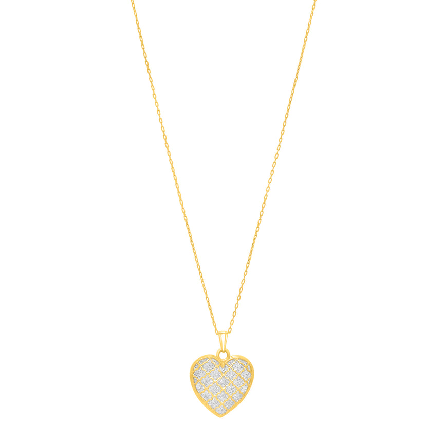 14K Gold Diamond Cut Checkered Heart Necklace-Yellow | Spring Ring