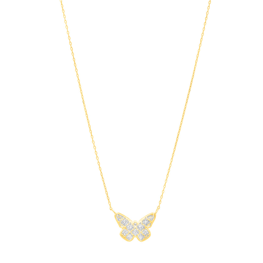 14K Gold Diamond Cut Checkered Butterfly Necklace-Yellow | Spring Ring