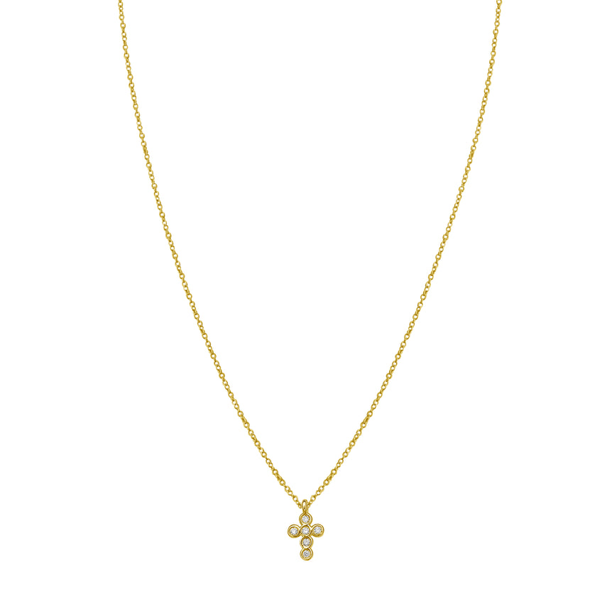 14K Petite Diamond Cross Necklace-Yellow | Lobster