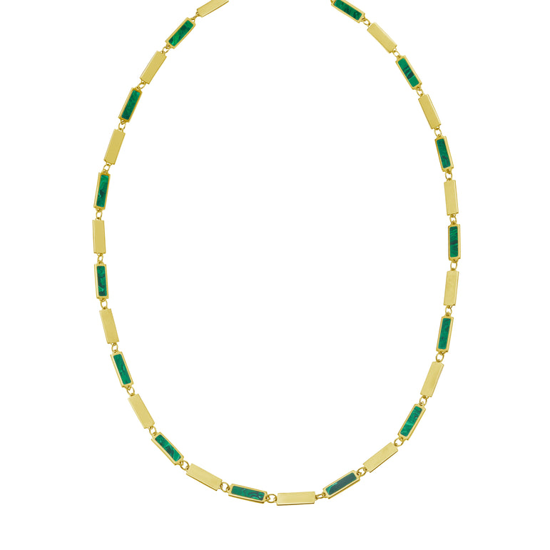 14K Malachite Rectangle Links Necklace-Yellow | Lobster